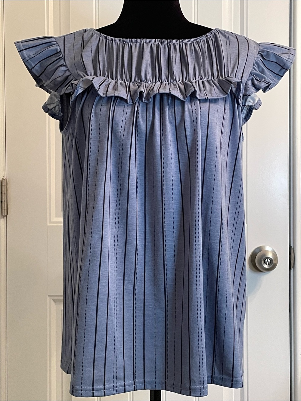 “Stasha” Slated Blue with Stripes Ruffle Top